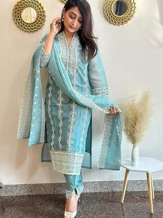 Sky Blue Festive Wear Kurta Pant Set