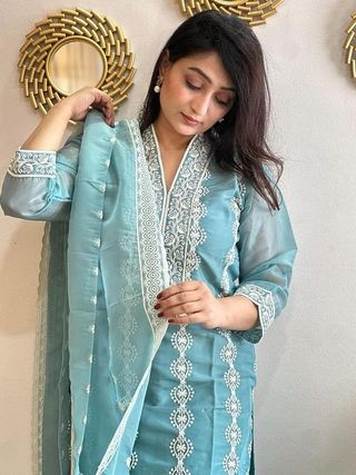 Sky Blue Festive Wear Kurta Pant Set