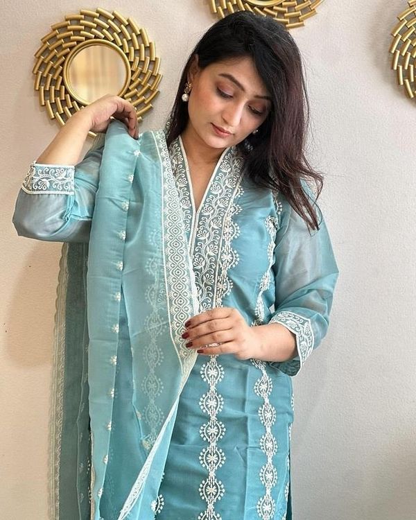 Sky Blue Festive Wear Kurta Pant Set