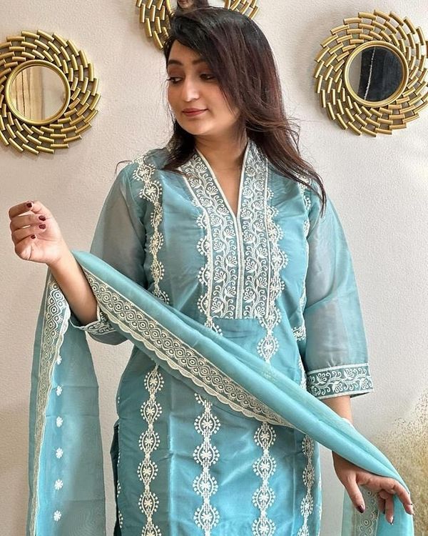 Sky Blue Festive Wear Kurta Pant Set