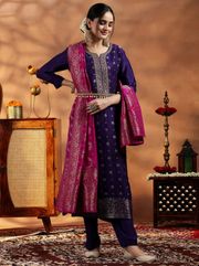 Violet Embroidered Art Silk Kurta Set for Women - wine