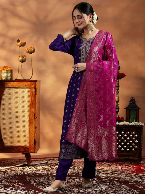 Violet Embroidered Art Silk Kurta Set For Women