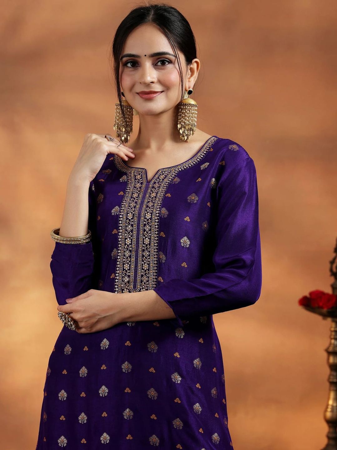 Violet Embroidered Art Silk Kurta Set for Women