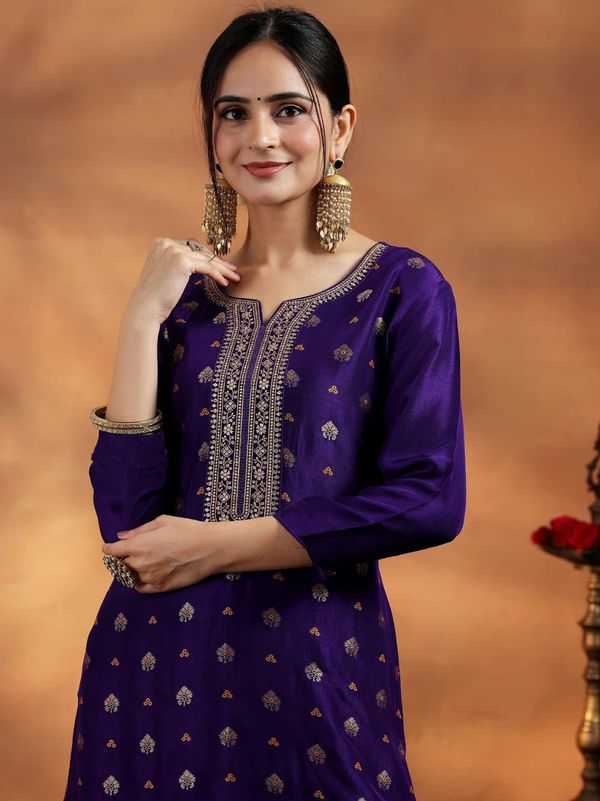 Violet Embroidered Art Silk Kurta Set for Women