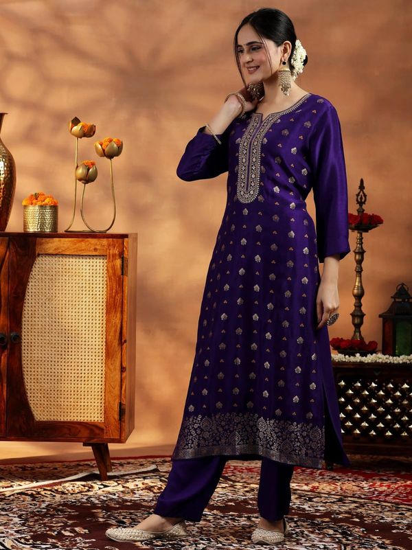 Violet Embroidered Art Silk Kurta Set for Women