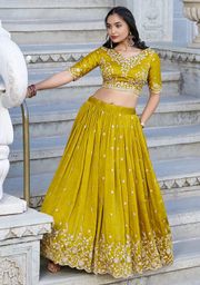 Mustard Floral Threadwork Chinon Lehenga Choli for Women - Mustard