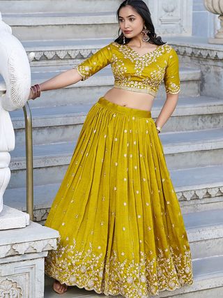 Mustard Floral Threadwork Chinon Lehenga Choli for Women
