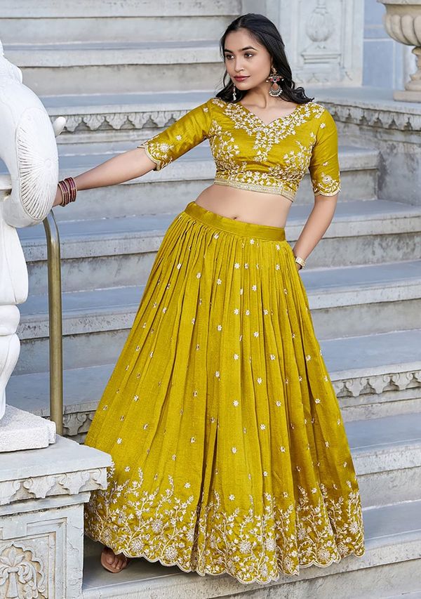Mustard Floral Threadwork Chinon Lehenga Choli For Women