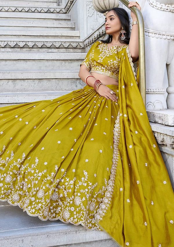 Mustard Floral Threadwork Chinon Lehenga Choli For Women