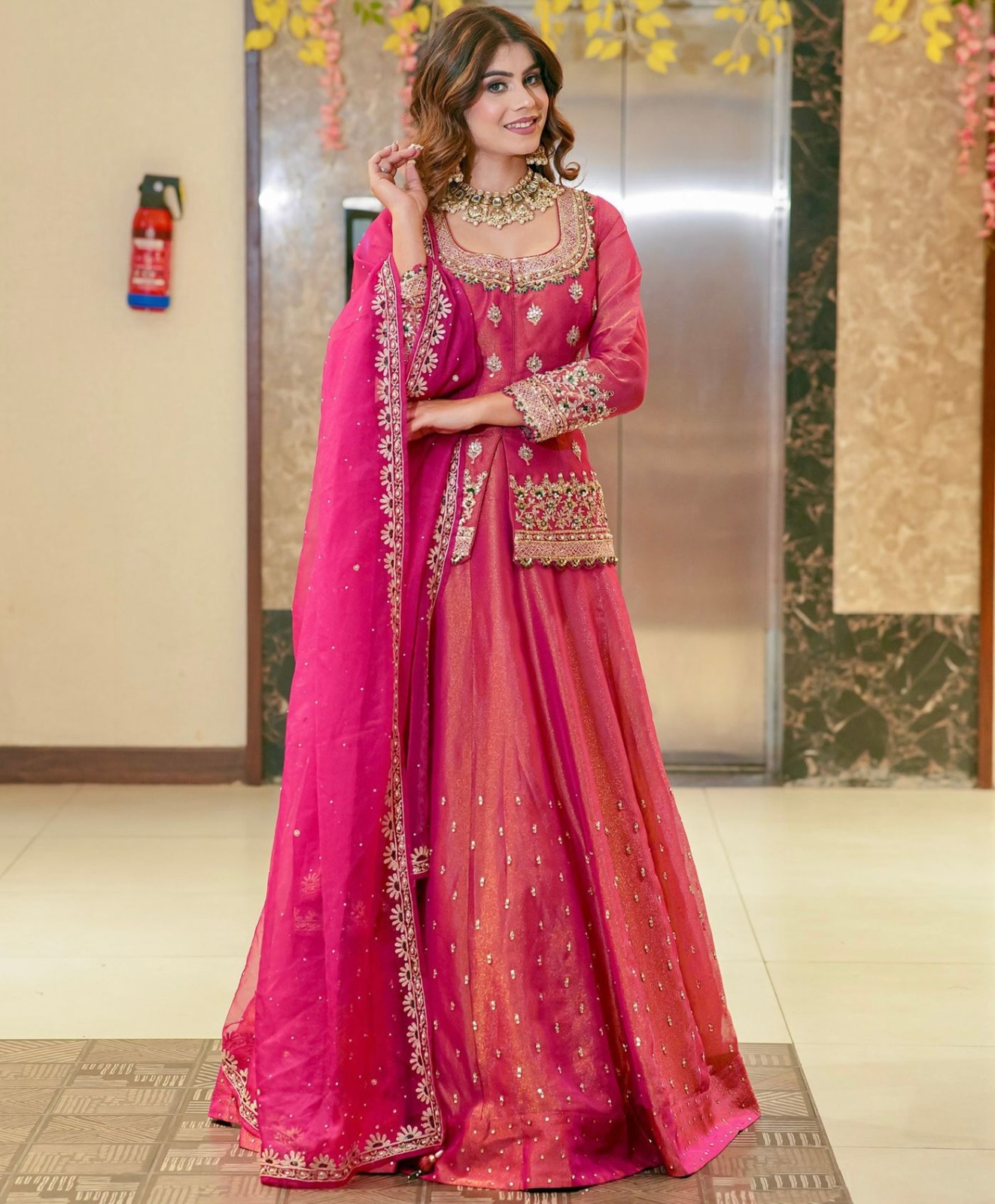 Pink Embroidered Roman Silk Lehenga Set Online