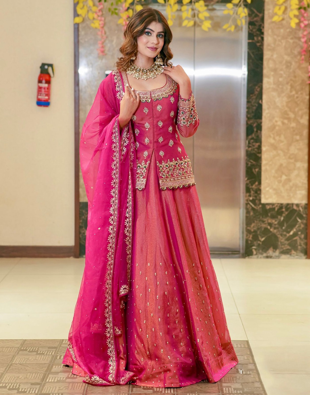 Pink Embroidered Roman Silk Lehenga Set Online