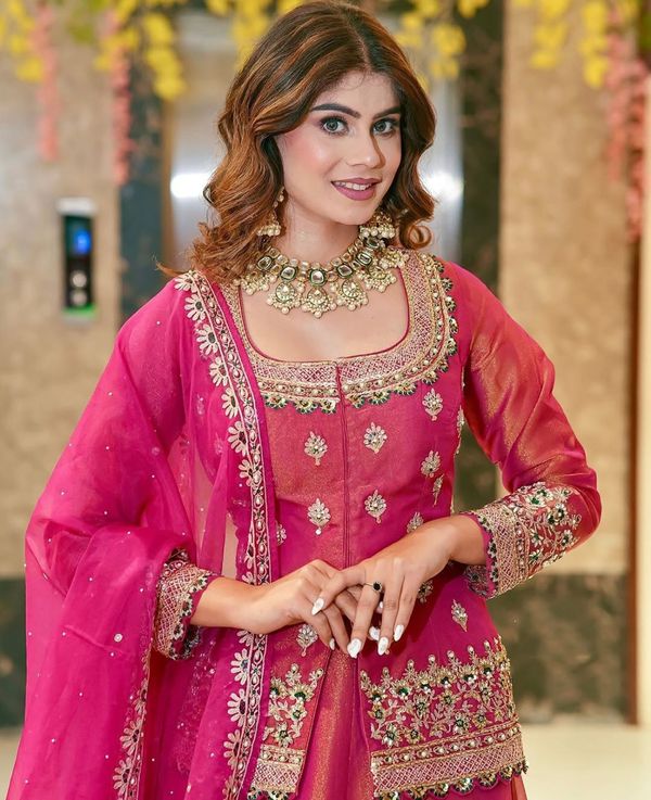 Pink Embroidered Roman Silk Lehenga Set Online