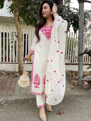 Off White Floral Embroidered Straight Suit Set