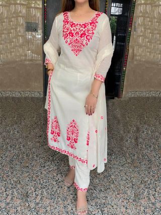 Off White Floral Embroidered Straight Suit Set