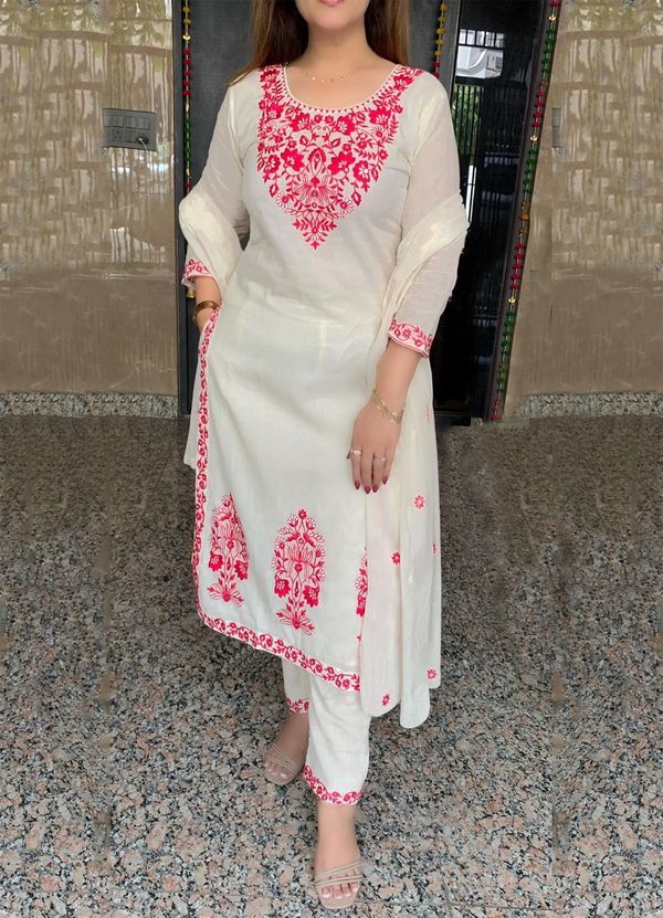 Off White Floral Embroidered Straight Suit Set
