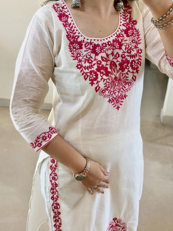 Off White Floral Embroidered Straight Suit Set