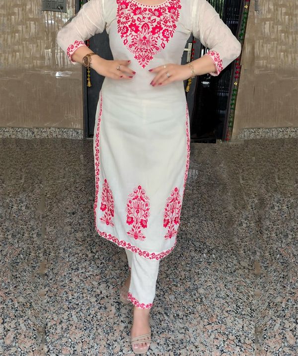 Off White Floral Embroidered Straight Suit Set