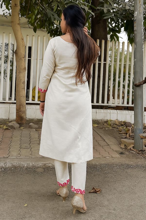 Off White Floral Embroidered Straight Suit Set
