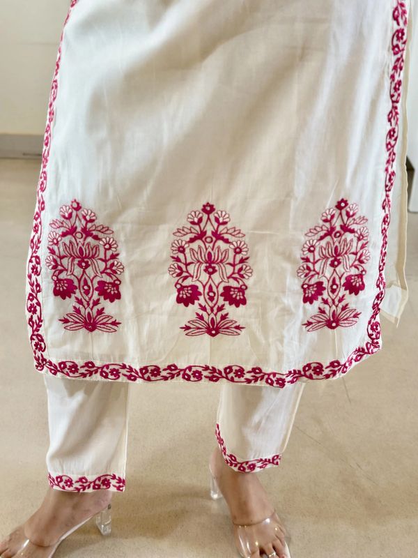 Off White Floral Embroidered Straight Suit Set