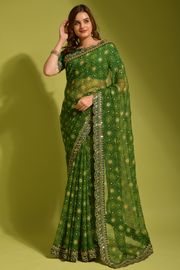 Designer Emerald Georgette Saree with Sequin Lace - Green