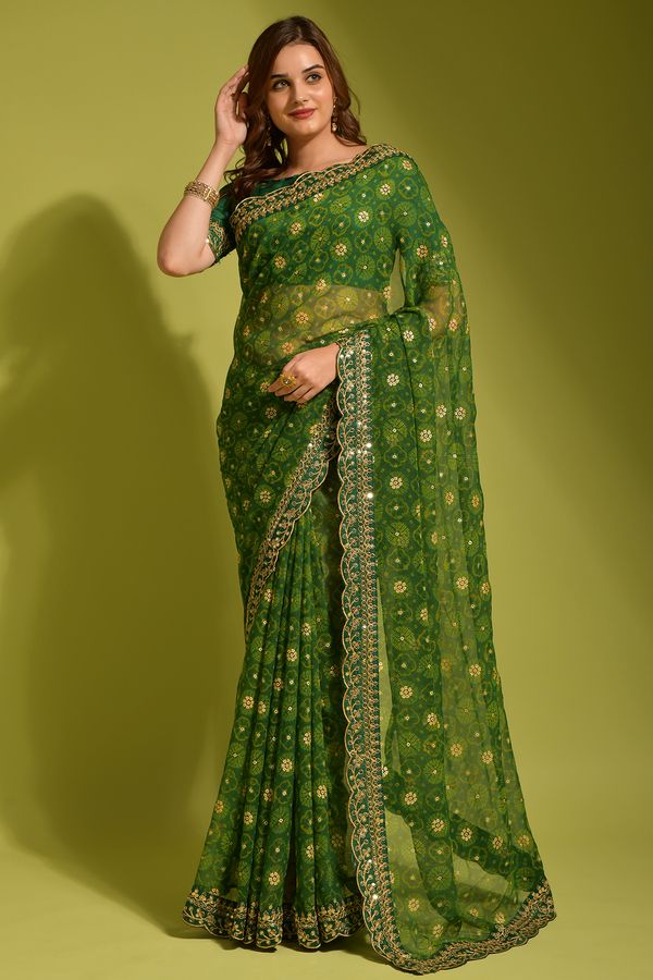Designer Emerald Georgette Saree With Sequin Lace