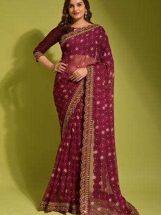 Wine Floral Georgette Saree with Sequin Lace Border