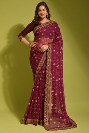 Wine Floral Georgette Saree with Sequin Lace Border - wine