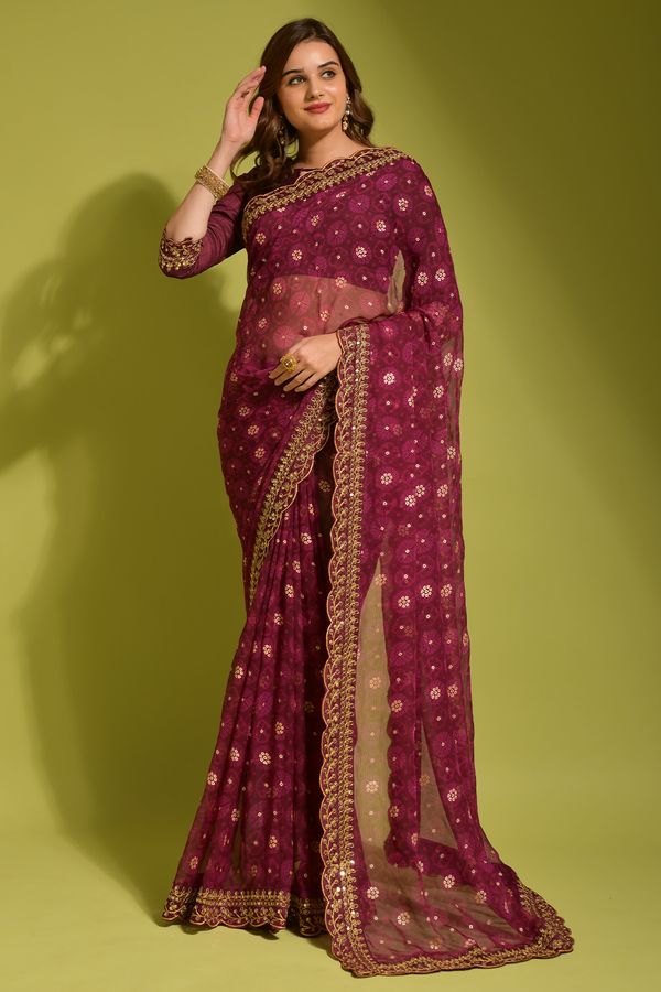 Wine Floral Georgette Saree With Sequin Lace Border