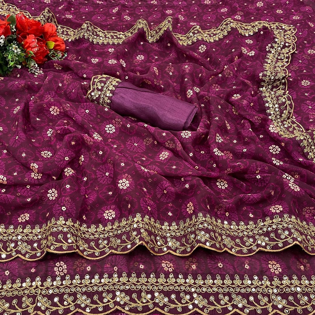 Wine Floral Georgette Saree with Sequin Lace Border