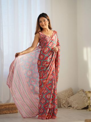 Designer Coral Chinon Saree with Kutchi Border