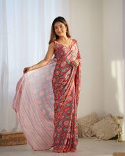 Designer Coral Chinon Saree with Kutchi Border - Pink
