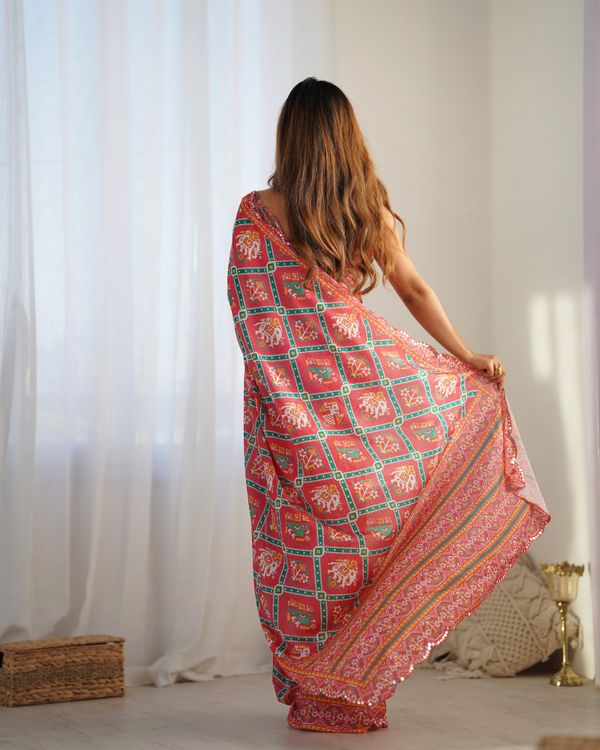Designer Coral Chinon Saree With Kutchi Border