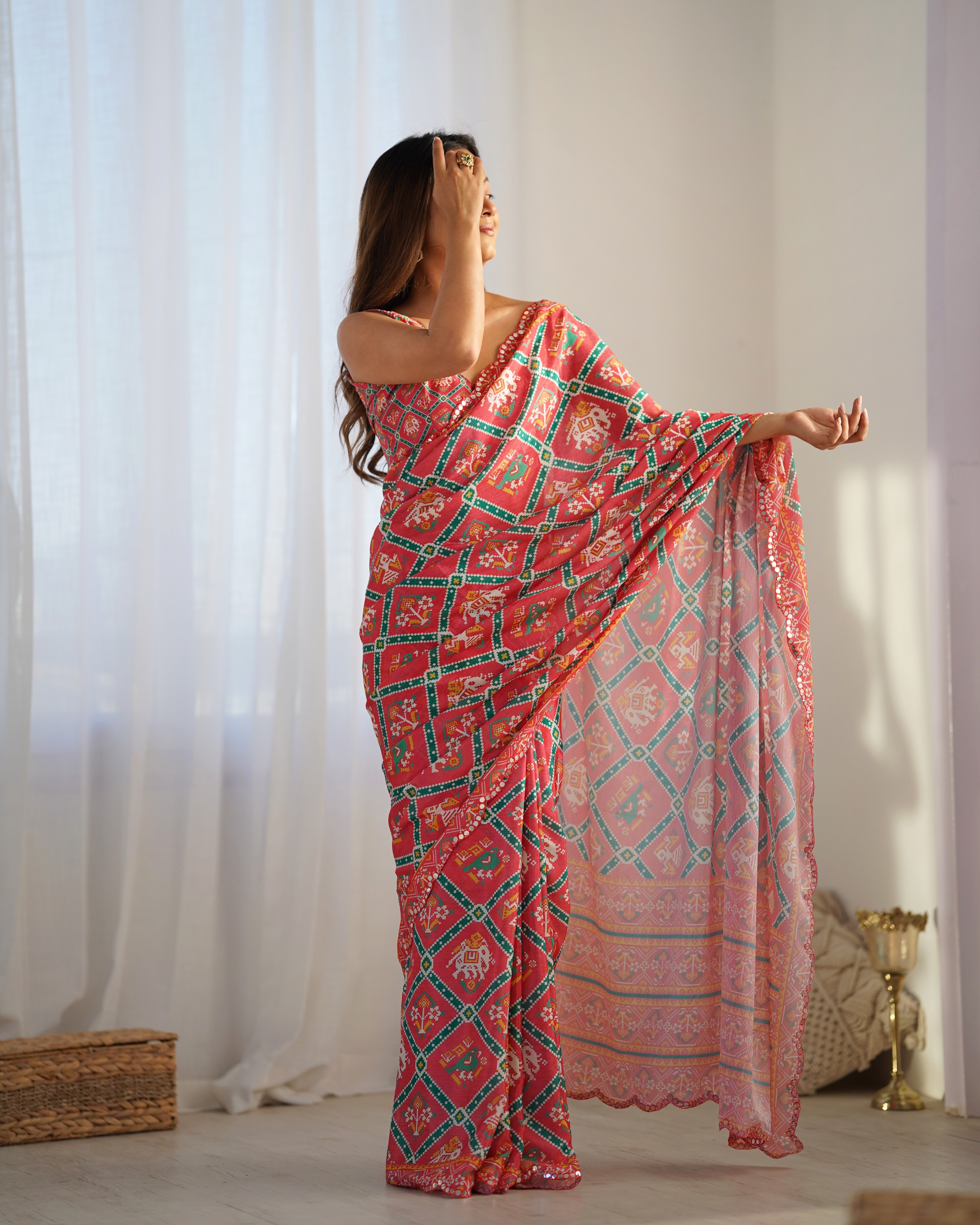 Designer Coral Chinon Saree with Kutchi Border