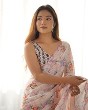 Blush Pink Floral Printed Chinon Saree for Women - Blush
