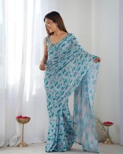 Premium Chinon Saree with Mirror Lace Border - Sky Blue