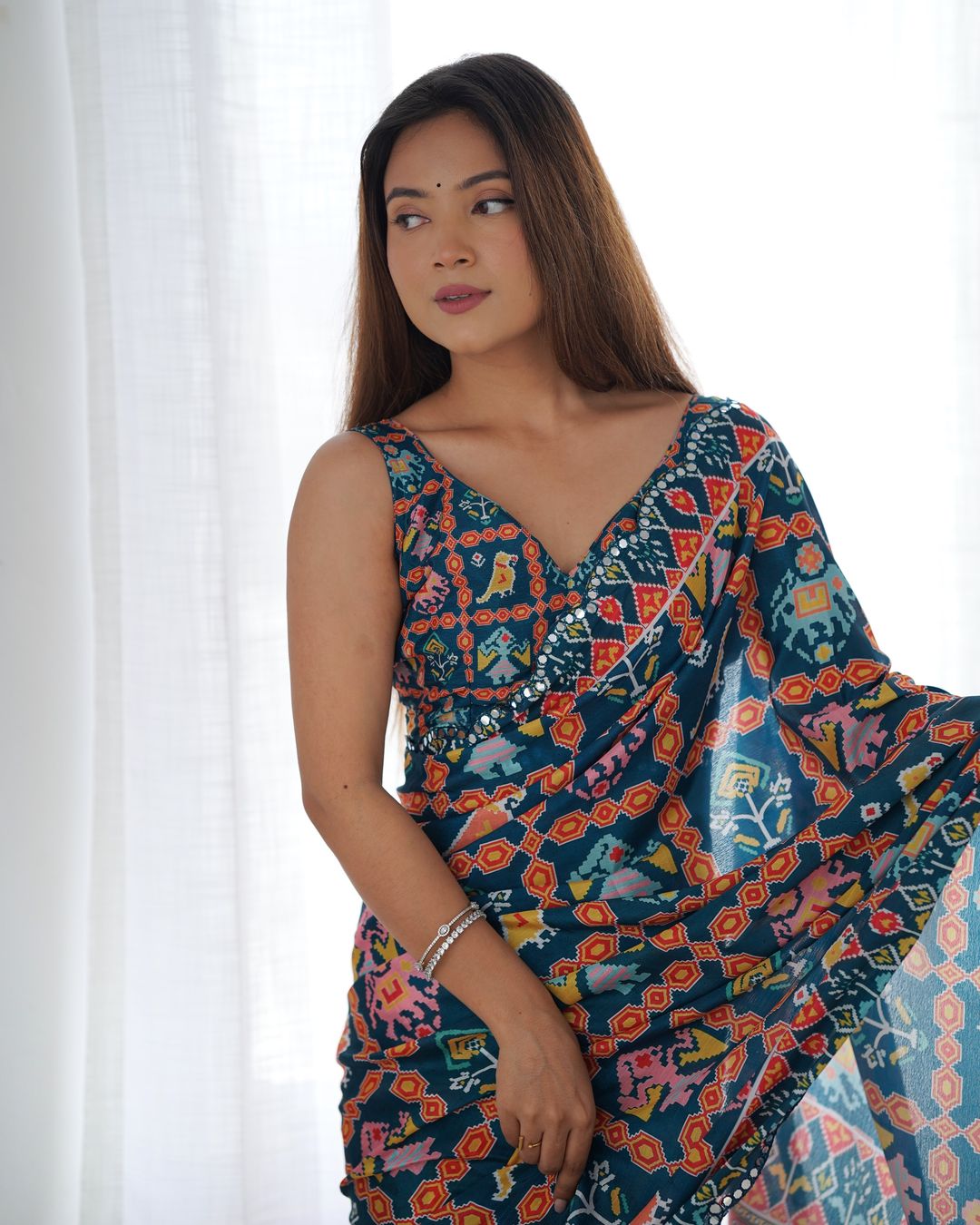 Teal Printed Chinon Saree with Mirror Lace Border Online