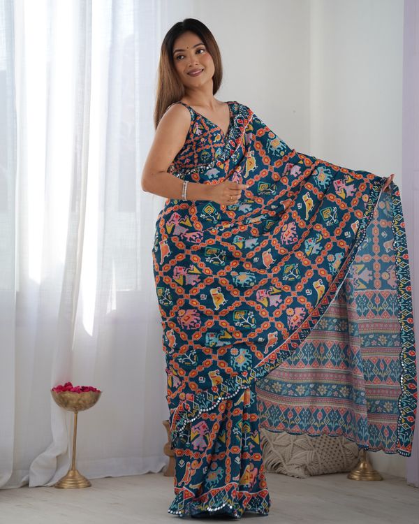 Teal Printed Chinon Saree with Mirror Lace Border Online
