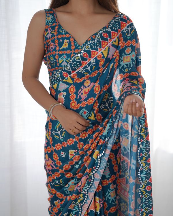 Teal Printed Chinon Saree with Mirror Lace Border Online