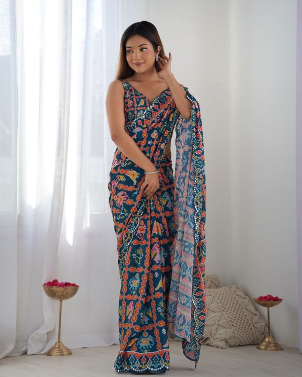 Teal Printed Chinon Saree with Mirror Lace Border Online