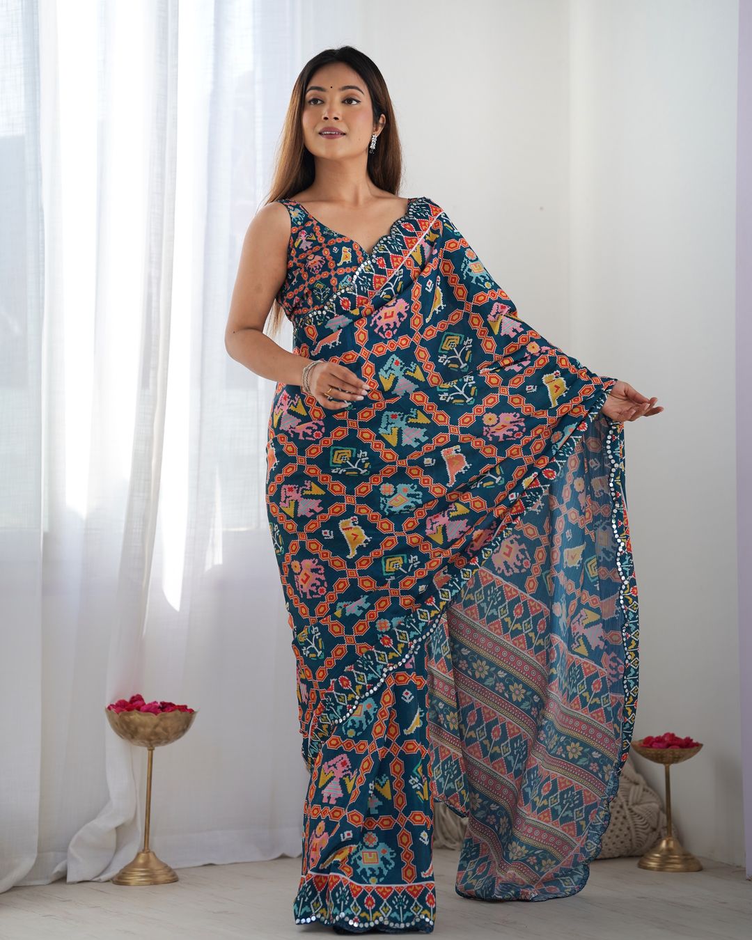 Teal Printed Chinon Saree with Mirror Lace Border Online