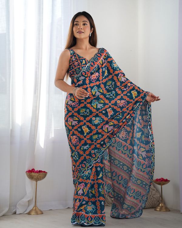 Teal Printed Chinon Saree with Mirror Lace Border Online