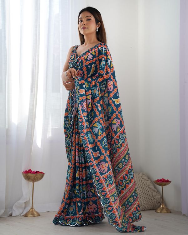 Teal Printed Chinon Saree with Mirror Lace Border Online
