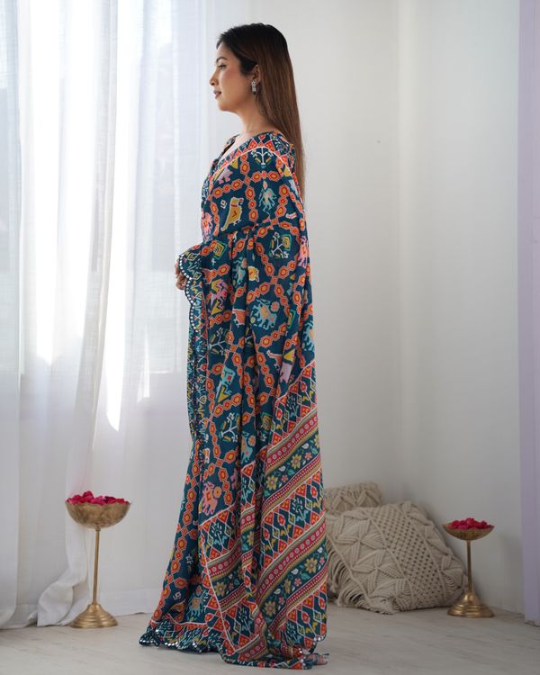 Teal Printed Chinon Saree with Mirror Lace Border Online