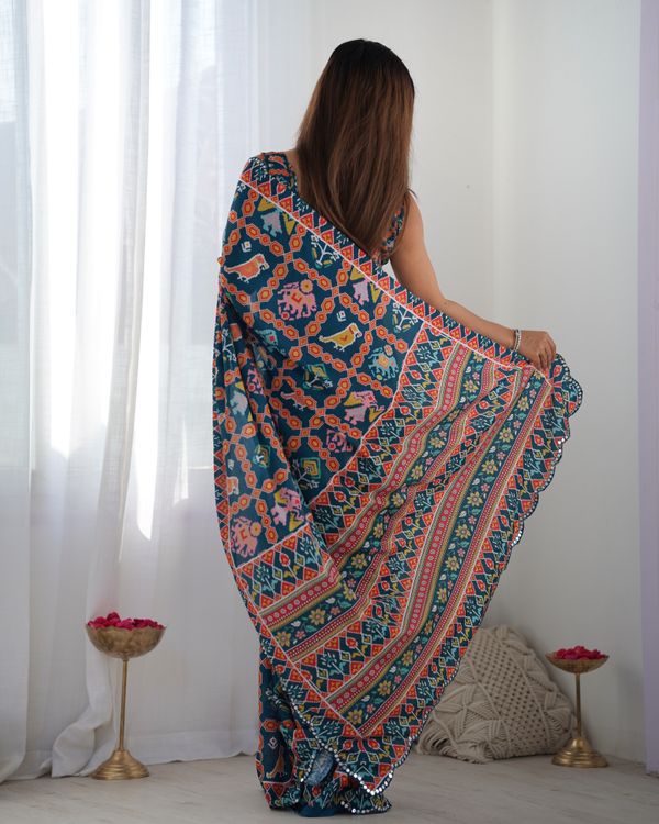 Teal Printed Chinon Saree with Mirror Lace Border Online