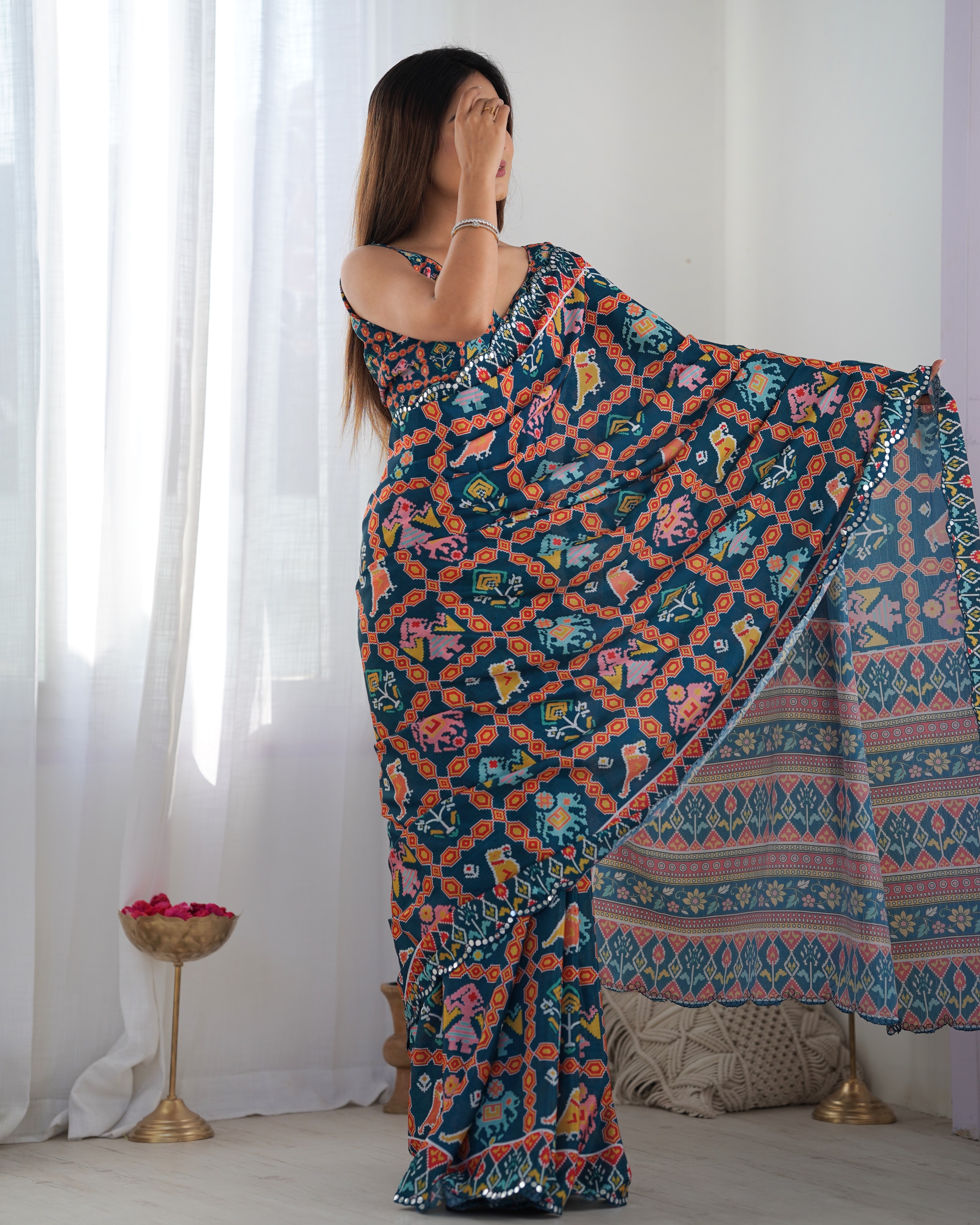 Teal Printed Chinon Saree with Mirror Lace Border Online
