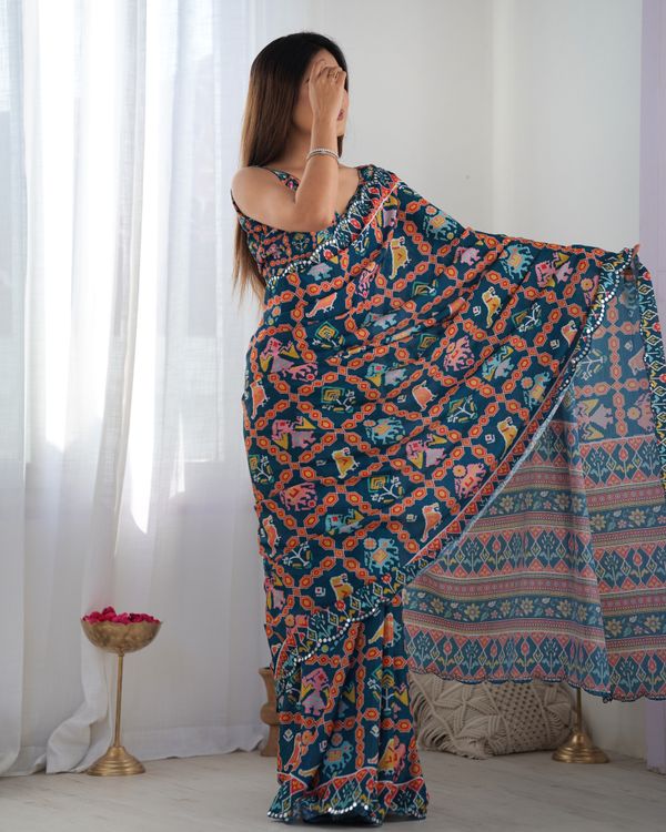 Teal Printed Chinon Saree with Mirror Lace Border Online