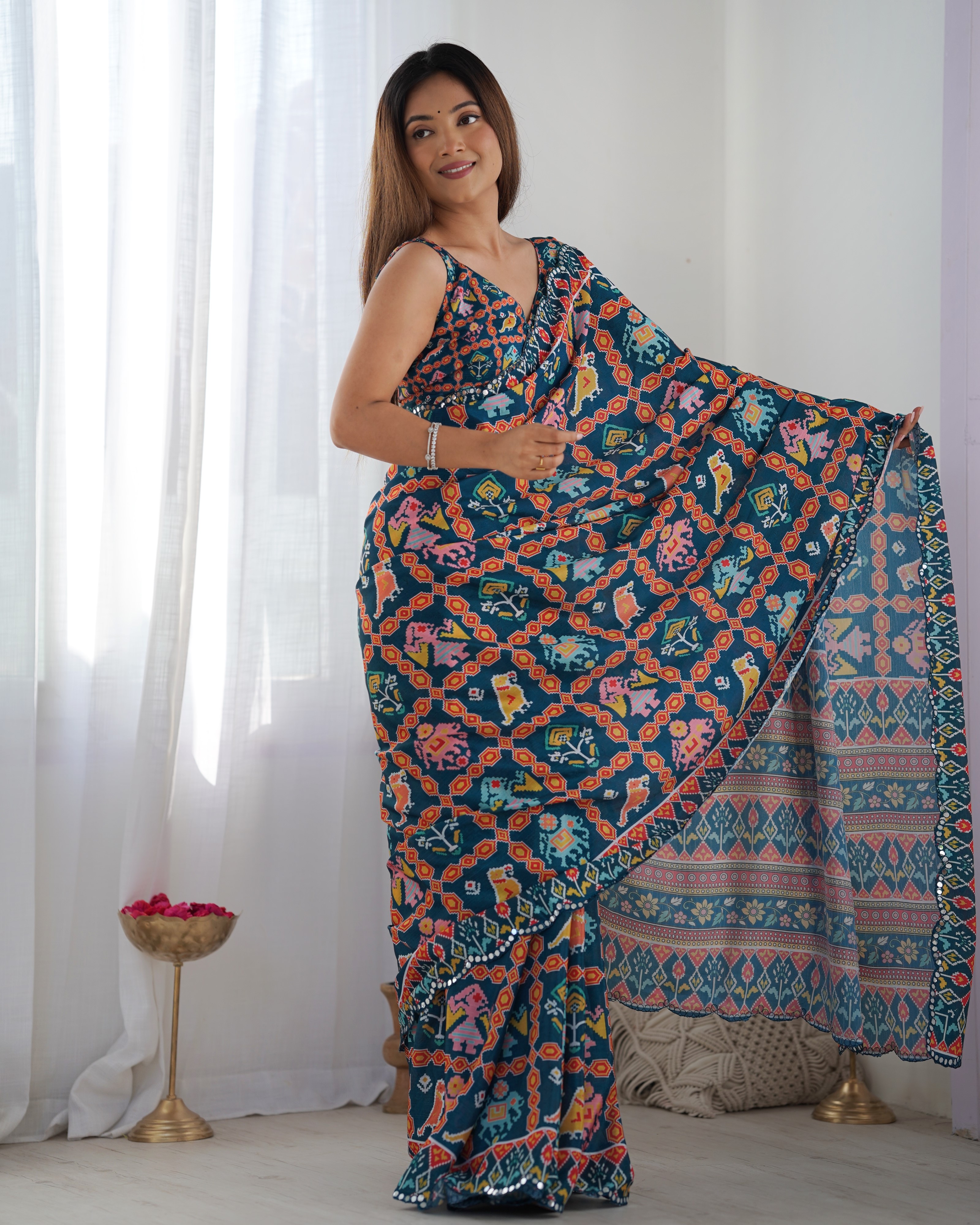 Teal Ethnic Print Chinon Saree with Mirror Border