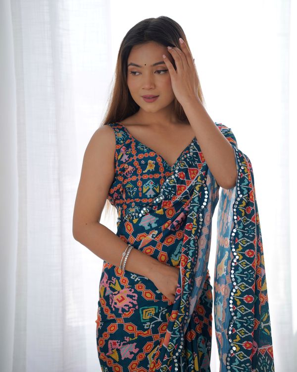 Teal Ethnic Print Chinon Saree With Mirror Border