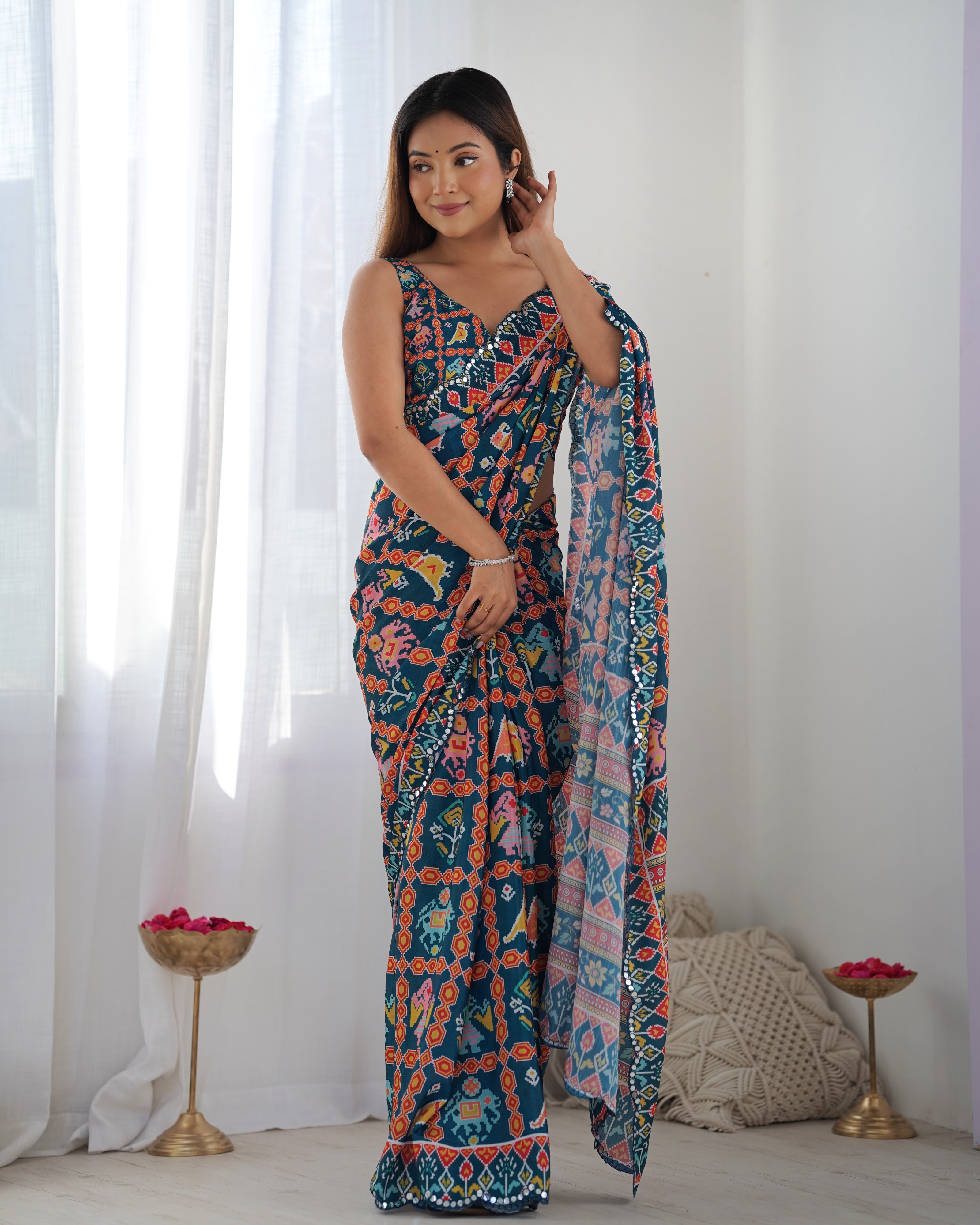 Teal Ethnic Print Chinon Saree with Mirror Border