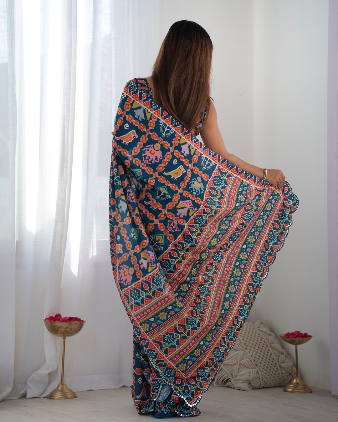 Teal Ethnic Print Chinon Saree with Mirror Border